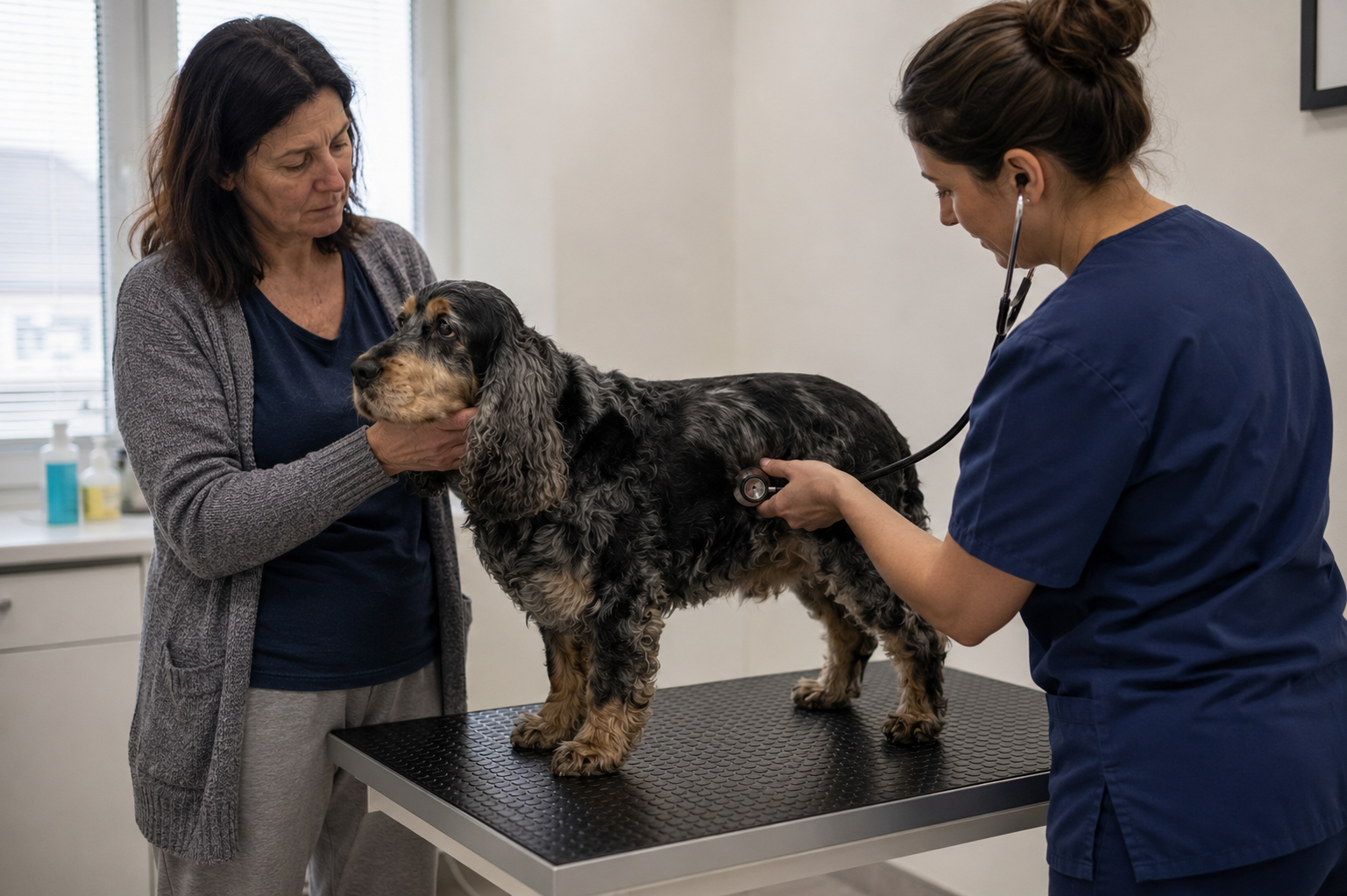 Veterinářka vyšetřuje staršího kokršpaněla kvůli opakovanému nočnímu neklidu